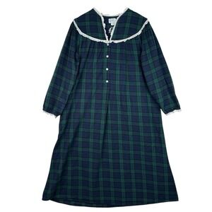 Lanz of Salzburg Plaid Cotton‎ Nightgown Green Prairie Lace Collar Cottagecore
